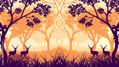 Serene forest landscape with deer at sunrise or sunset