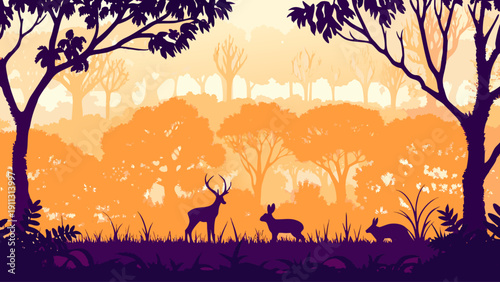Serene forest scene with deer and rabbits at sunset