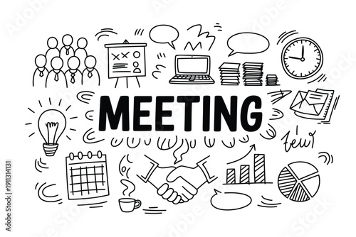 meeting doodle art sketch of brainstorming collaboration and tools.