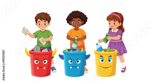 Three kids enthusiastically sort recyclables like paper, plastic bottles, and cans into colorful, monster-themed bins, promoting eco-friendly habits.