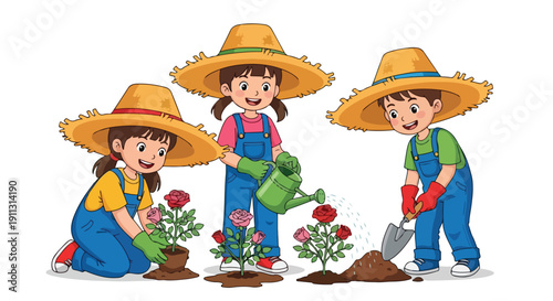 Three smiling children, two girls and a boy, dressed in straw hats and overalls, happily plant and water rose bushes in their garden.