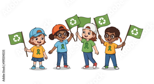 Four diverse, smiling children hold up green flags featuring the white recycling symbol, promoting environmental awareness and sustainability.
