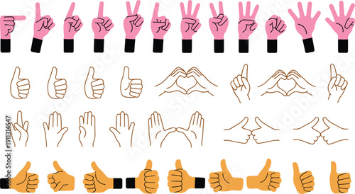 Assortment of hand gesture icons in pink and orange with black accents sign symbol