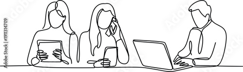 Continuous Line Drawing of Three People Working Together at a Table single line art teamwork