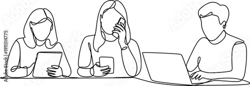 Continuous line drawing of three people working together with devices one line drawing minimalist
