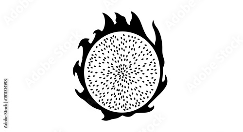 A black and white image of a dragon fruit on fire.