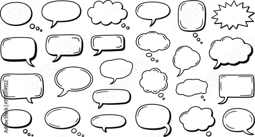 Hand-Drawn Speech and Thought Bubbles in Black Outline vector illustration