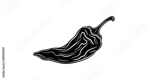 A simple black and white illustration of a chili pepper on a white background.