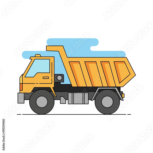 Yellow dump truck illustration, construction vehicle, flat design, isolated on white