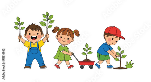 Three happy children are depicted participating in a tree-planting activity, showing them holding saplings, pulling a cart, and planting.