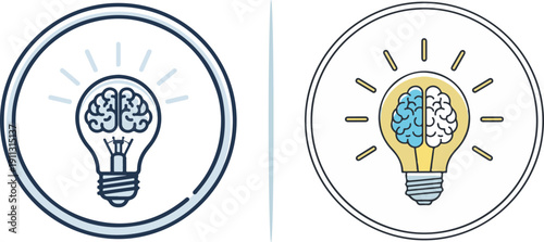 Thirty-two vector icons showcasing brain-lightbulb hybrids in diverse styles: minimalist line art, hand-drawn sketches, vibrant stickers, and glowing tech emblems symbolizing creative intelligence.