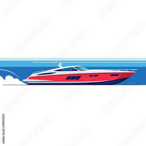 Modern Red Yacht Speeding on Blue Water