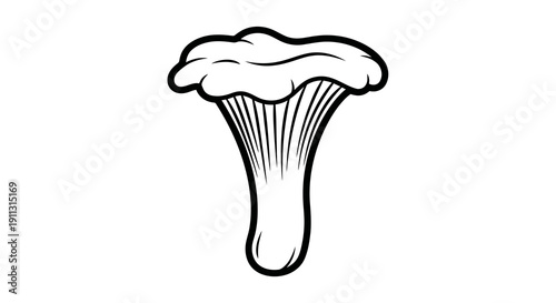 A simple black and white drawing of a mushroom with a distinctive cap and stem.