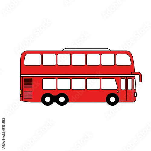 Red double decker bus, cartoon style, side view