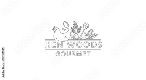 Hen woods gourmet logo featuring a chicken and leaves design elements