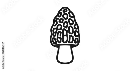 A simple black and white illustration of a morel mushroom with a distinctive honeycomb pattern on its cap.