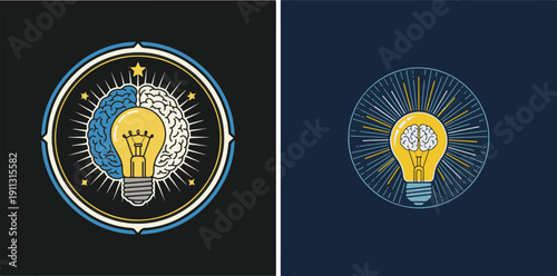 A collection of twenty-eight vector icons merging brains and lightbulbs. Styles range from minimalist line art and detailed sketches to vibrant, glowing emblems symbolizing creative intelligence.