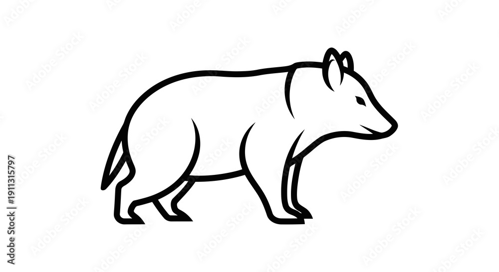 Fototapeta premium A simple black and white line drawing of a bear walking to the right.