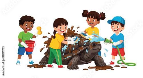 Four diverse children joyfully work together to clean a large, mud-covered tortoise using a hose, brushes, a sponge, and a bucket.