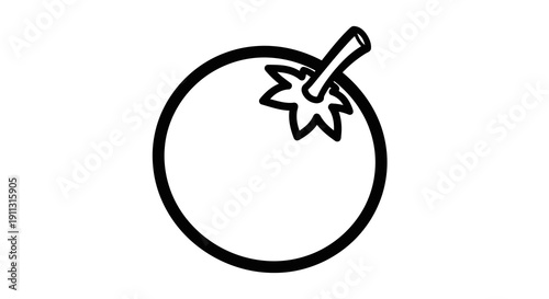 A simple black and white illustration of a tomato with a stem.