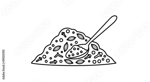 A simple line drawing of a pile of food with a spoon in it.