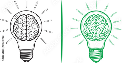 A large collection of twenty-four vector icons featuring brain-lightbulb hybrids. Styles range from minimalist line art and detailed sketches to vibrant, glowing emblems symbolizing innovation.