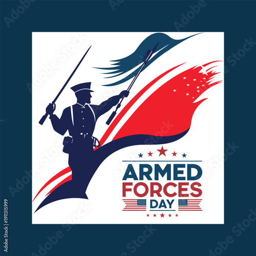 A powerful silhouette tribute to armed forces day, featuring a soldier with a rifle and a dynamic american flag design
