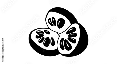 A simple black and white illustration of a kiwi fruit cut into three pieces.