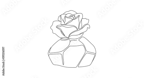 A simple line drawing of a rose in a geometric vase with a ribbon tied around it.