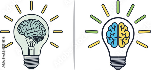 Twenty diverse vector icons blending human brains and lightbulbs, showcasing a wide range of artistic styles from minimalist line art and sketches to vibrant, modern, and glowing digital emblems.