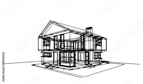 Modern house architecture wireframe vector illustration in blueprint style