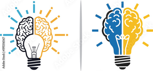 A large collection of vector icons combining lightbulbs and brains to illustrate innovation. Styles vary from minimalist line art and sketches to vibrant, modern flat designs with lightning bolts.