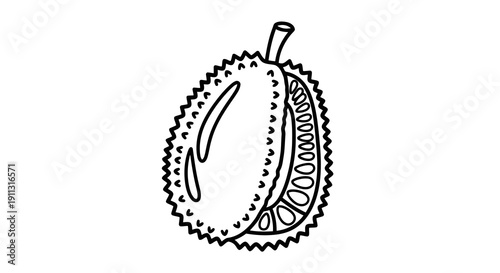 A simple black and white illustration of a durian fruit with spiky outer skin and visible segments inside.