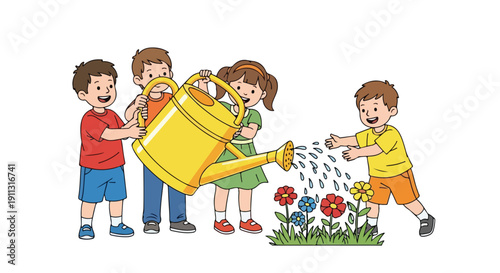 Four happy children are actively engaged in watering a patch of colorful flowers with a large yellow watering can.