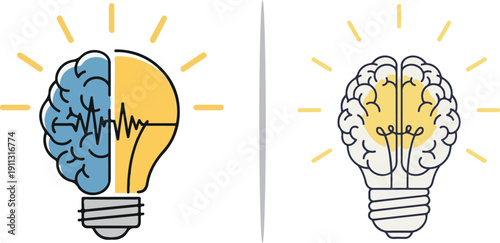 A collection of sixteen vector icons merging lightbulbs and brains to symbolize creative innovation. Styles include minimal black outlines, vibrant flat designs, and hand-drawn sketches.