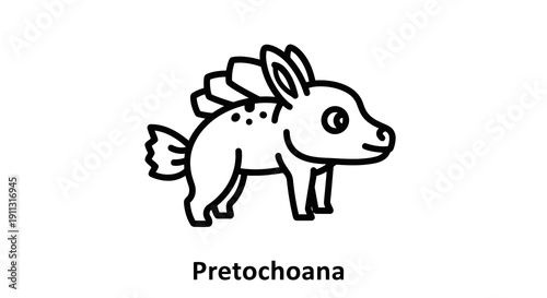 Simple line drawing of a fictional creature with wings and rabbit-like features labeled pretochoana.