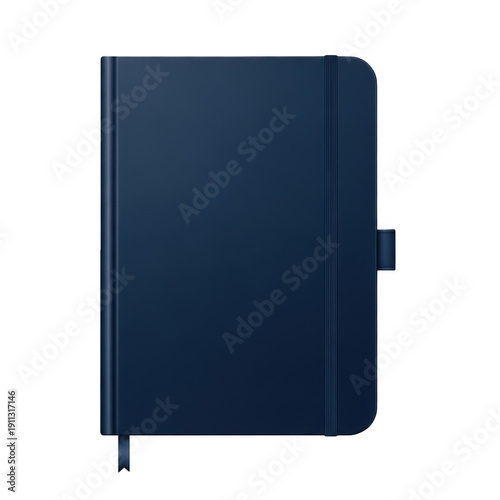 A sleek navy blue notebook with a black elastic closure on a white background isolated on transparent background