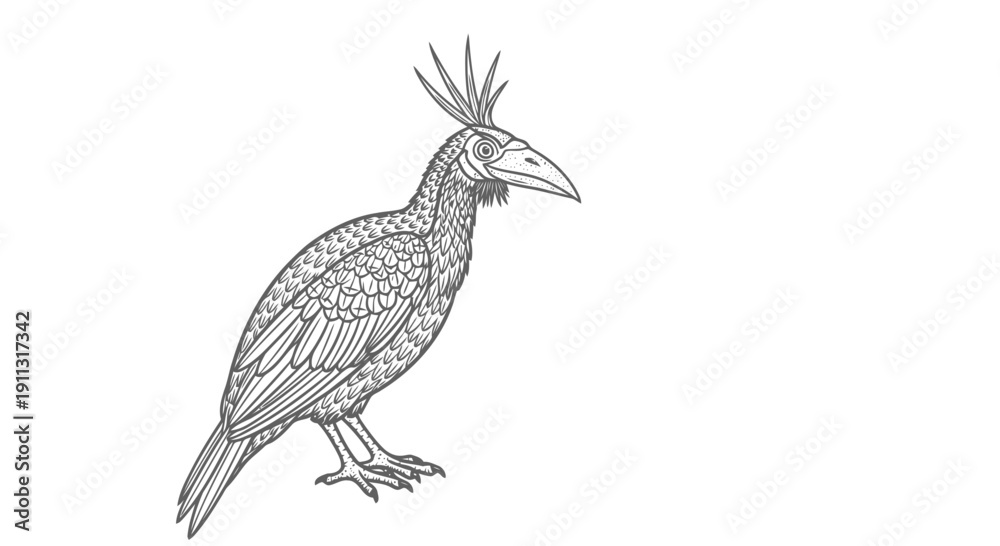 Fototapeta premium A detailed drawing of a bird with a crown of feathers on its head.