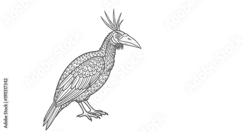 A detailed drawing of a bird with a crown of feathers on its head.
