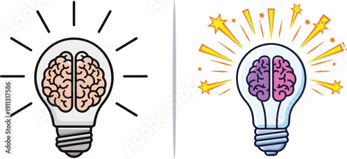 Six vector illustrations merging lightbulbs and brains to represent creativity and brainstorming. Styles include simple black outlines, vibrant flat designs, and dynamic cartoon graphics.