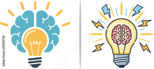 Four vector illustrations merging lightbulbs and brains to symbolize creative ideas, brainstorming, and mental power. The styles range from minimal black outlines to vibrant, modern flat designs.