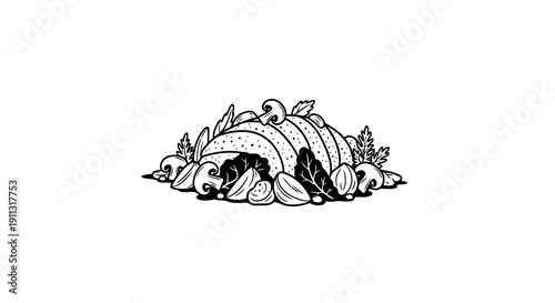 A simple black and white illustration of a pile of various gourds and leaves.