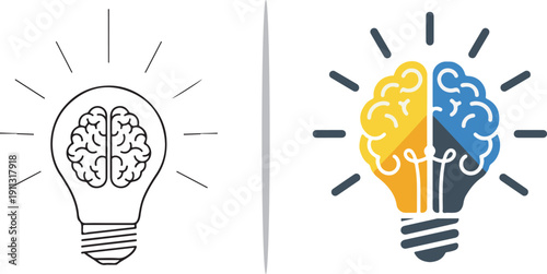 Two vector icons of lightbulbs with brains inside. The left is a simple black line drawing; the right is a vibrant, modern flat design using yellow, blue, and grey to show creative thinking.