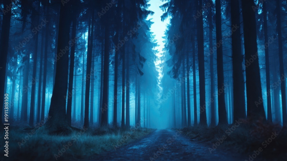 Obraz premium Misty blue forest path with towering pines, damp ground, and fog thinning toward a distant blue glow, in mist