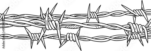 Barbed wire fencing illustration with twisted metal wires and sharp spiked points viewed from a straight-on perspective
