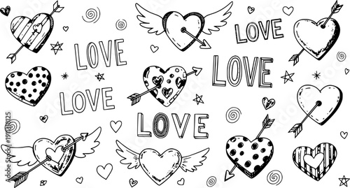 Hand-drawn hearts and arrows illustration showcasing love symbols in various designs and patterns