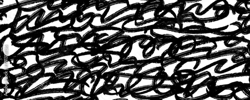 Seamless doodled brush stroke texture. Rough grunge sketched scrawl background. Repeated hand drawn abstract scribbles pattern. Black bold pencil chalk or crayon squiggle strokes wallpaper. Vector