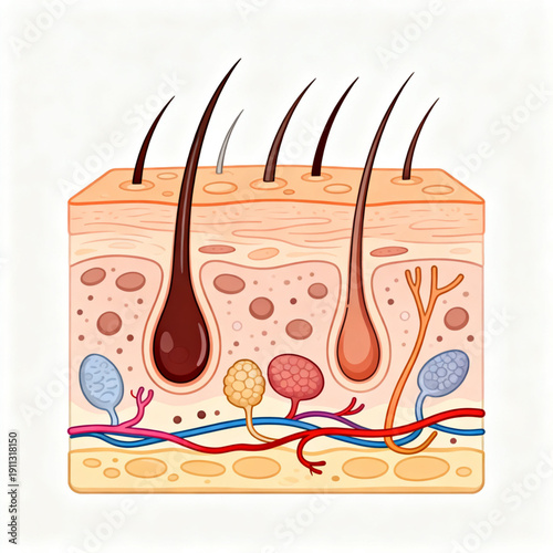A detailed vector illustration of the skin's cross-section showing hair follicles and blood vessels