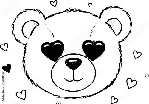 Adorable bear face illustration surrounded by hearts in a whimsical black and white drawing from a front viewpoint