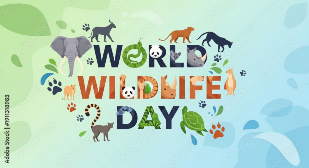 Naklejka premium World Wildlife Day celebration with diverse animals and nature elements vector illustration for conservation awareness and educational concepts